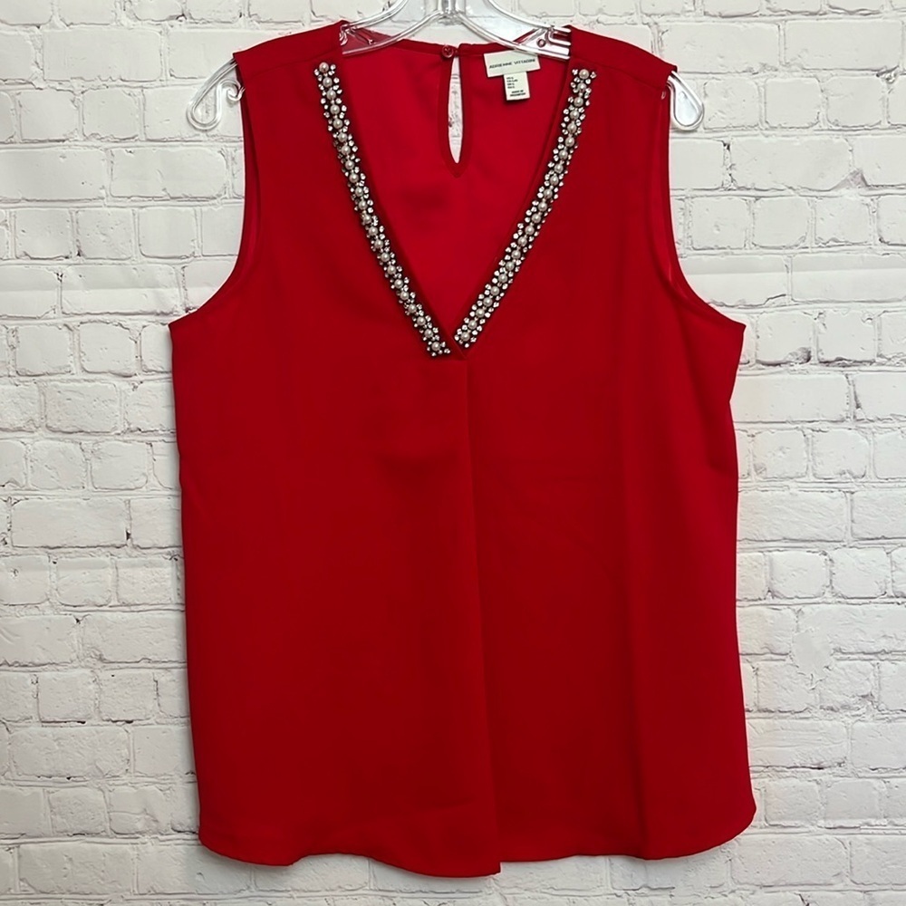 Adrienne Vittadini Pearl and Rhinestone Embellished Sleeveless Blouse in Red